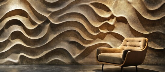 Wall Mural - Textured wall design with intricate wave patterns paired with a stylish armchair enhancing modern interior decor elegance