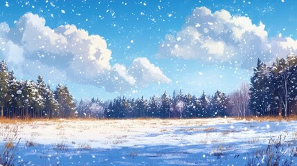 Poster - Winter landscape featuring a snow-covered field, a forest backdrop, and a vibrant blue sky with fluffy clouds.