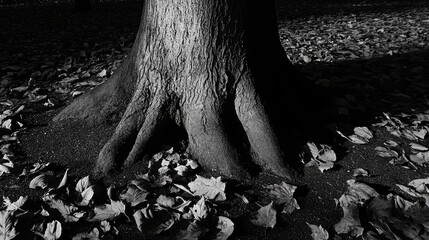 Poster - Tree trunk with textured bark surrounded by leaves in a serene park setting captured in black and white photography