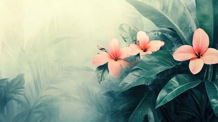 Poster - Tropical pink flowers and lush green foliage softly blended for serene nature background use in design and decoration projects