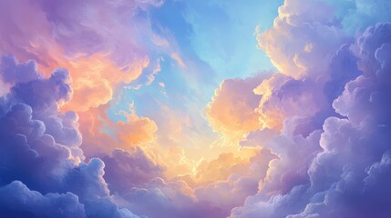 Poster - Colorful Cloudy Sky at Dusk with Soft Hues and Dramatic Light Effects in a Serene Atmosphere Ideal for Backgrounds and Art Projects