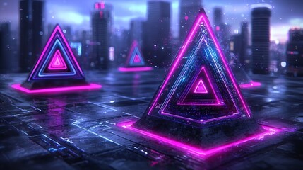 Poster - Mesmerizing Neon Hued Geometric Shapes in Futuristic Cityscape with Pulsating Ethereal Energy Fields  Captivating Quantum Fluctuations Dynamic Kaleidoscopic Patterns and Vibrant Futurism