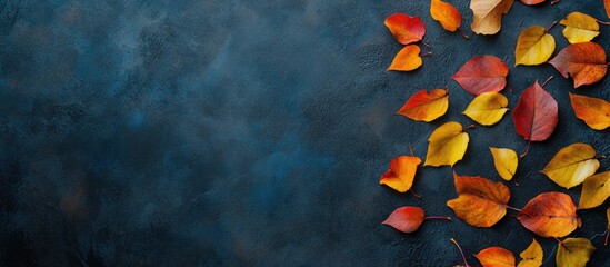 Poster - Autumn leaves in vibrant yellow orange and red scattered on a dark background with space for your text or design elements.