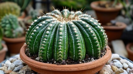 Poster - Unique round cactus in a terracotta pot surrounded by small pebbles showcasing lush green spines in a vibrant tropical setting.