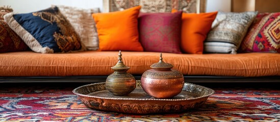 Poster - Traditional cozy interior with ornate copper dishes vibrant carpet and plush pillows creating a warm inviting atmosphere for home settings