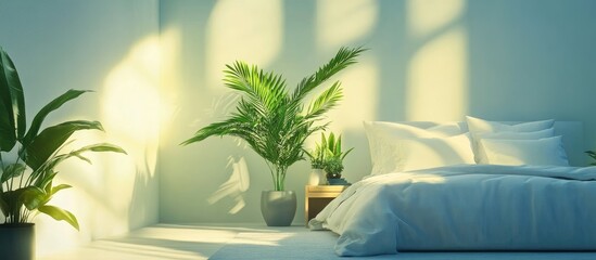 Wall Mural - Modern tranquil bedroom featuring bright indoor plants, elegant decor, and soft natural light enhancing relaxation and aesthetic appeal.