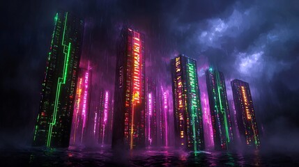 Poster - Captivating digital painting showcasing a mesmerizing futuristic cityscape with pulsating neon hued geometric patterns dynamic kaleidoscopic shapes and ethereal energy fields