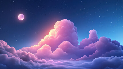 Wall Mural - celestial dreamscape: a surreal and enchanting night sky with a luminous pink moon and fluffy clouds
