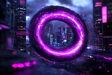 Poster - Mesmerizing digital abstract artwork showcasing a luminous energy wave with pulsating quantum phenomena towering high tech cityscapes and a vivid neon soaked color palette