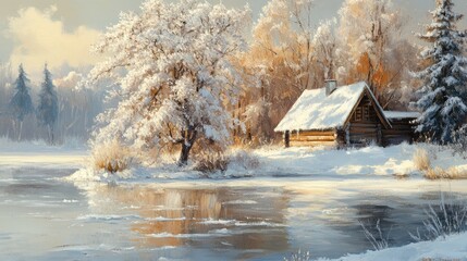 Poster - Winter scene of a private wooden house by a partially frozen pond surrounded by snow-covered trees and tranquil nature scenery.