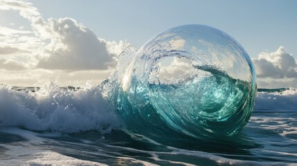 Poster - Sea waves and bubbles creating a serene coastal background with vibrant colors and dynamic motion under a clear sky.