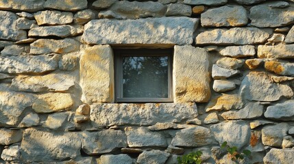 Poster - Rustic stone wall featuring a small window framed by rough-hewn stones showcasing texture and natural materials in architecture.