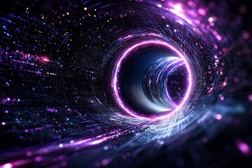 Poster - Hypnotic flow of illuminated particles within a futuristic digital metropolis featuring pulsing architectural structures shimmering holographic interfaces
