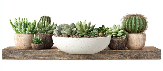 Poster - Diverse assortment of cacti and succulents in ceramic pots on rustic wooden shelf perfect for stylish home or office decor enhancement
