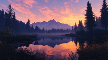Poster - Silhouette of mountains reflected in a tranquil lake at sunset surrounded by trees and vibrant sky colors