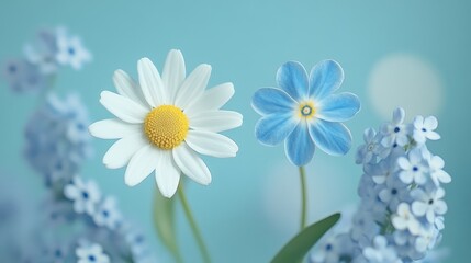 Poster - Floral border featuring white daisies and blue forget-me-nots on a dreamy light blue bokeh background ideal for spring-themed designs