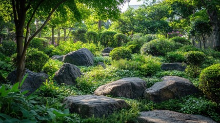 Poster - Lush greenery and scenic stones in a tranquil garden landscape with trees and hills creating a serene natural environment.