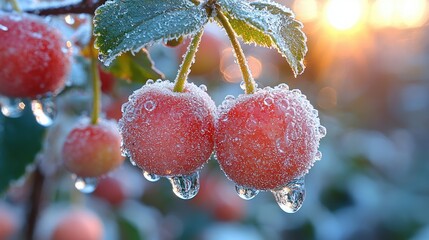 Wall Mural - Two frosty cherries on a branch at sunrise, ice crystals glistening.