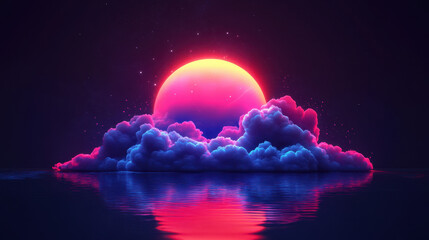 Wall Mural - cosmic glow: a vibrant, abstract landscape with a glowing sphere rising above clouds, bathed in a dr