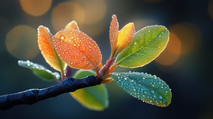 Wall Mural - Dew-covered colorful spring leaves on a branch against a bokeh background.