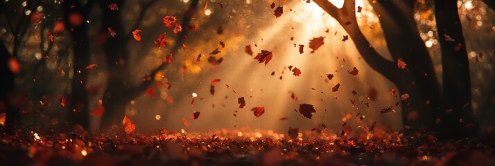 Poster - Colors of autumn as leaves fall gracefully in a tranquil forest with sunlight filtering through trees. Generative AI