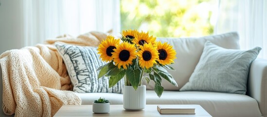 Poster - Cozy living room with comfortable sofa and vibrant sunflower centerpiece ideal for interior design inspiration and warm home ambiance.