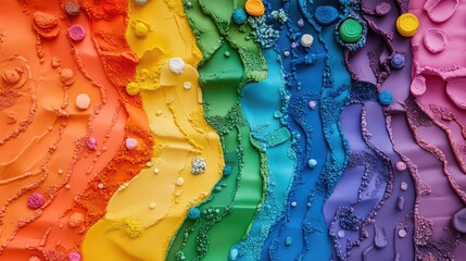 Poster - Colorful background of vibrant plasticine in rainbow hues creating a textured artistic display with playful details and variations.