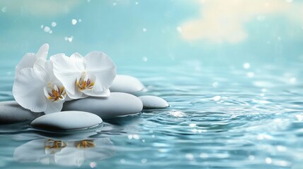 Aufkleber - Tranquil water with white spa stones and orchids creating a serene wellness atmosphere for relaxation and meditation purposes