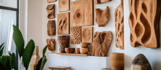 Aufkleber - Artistic wooden wall panels and decor enhancing creativity and texture in modern interior design and decor aesthetics