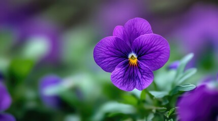 Sticker - Purple Viola flower in bloom showcasing vibrant petals and lush green foliage in a garden setting.