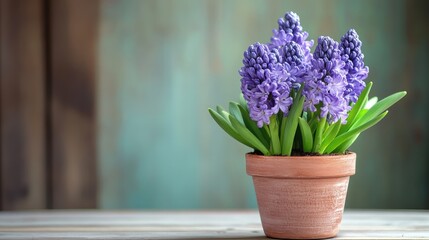 Poster - Blooming violet hyacinths in a rustic pot with lush green leaves on a wooden table against a serene backdrop