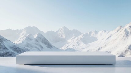 Aufkleber - Minimalist White Display Platform with Snowy Mountain Range Background for Product Packaging and Advertising 3D Visualization