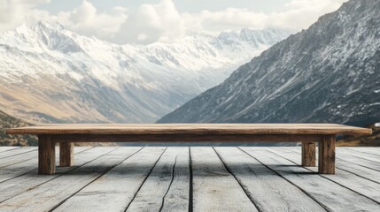 Poster - Empty wooden table set against breathtaking mountain backdrop ideal for product displays and nature-themed mockups