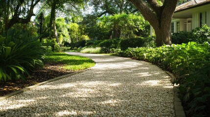 Poster - Curved Pathway of White Stone Gravel Surrounded by Lush Greenery and Trees in a Residential Landscape