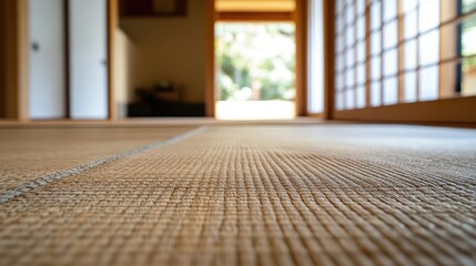Poster - Traditional tatami mat flooring in a serene Japanese interior with sliding doors and natural light.