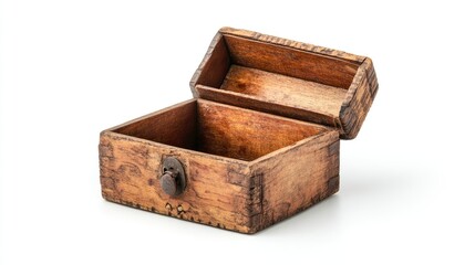 Poster - Rustic Vintage Wooden Treasure Box with Open Lid on Clean White Background