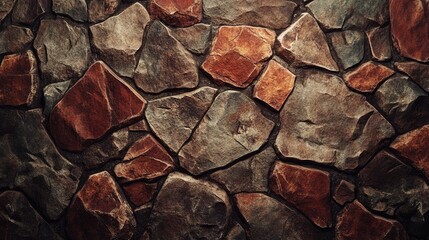 Aufkleber - Textured vintage stone wall with red brick accents in a rustic interior setting showcasing broken stone patterns and earthy colors.