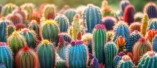 Poster - Vibrant assortment of potted cacti against a lush green backdrop ideal for home decor and gardening inspiration