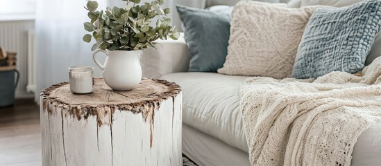 Poster - Rustic white painted tree stump side table enhancing cozy living room decor with stylish texture and natural elements