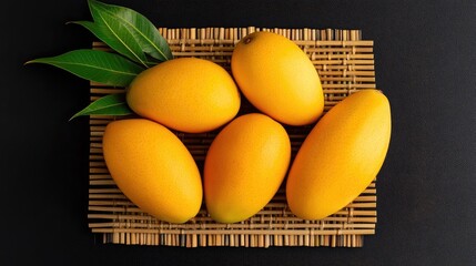 Aufkleber - Fresh ripe mangoes arranged on a bamboo mat with vibrant yellow color contrasting against a black background and green leaves for decoration