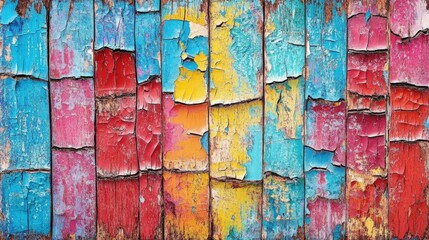 Poster - Weathered painted wooden planks with vibrant colors and cracked texture suitable for rustic backgrounds and vintage design projects