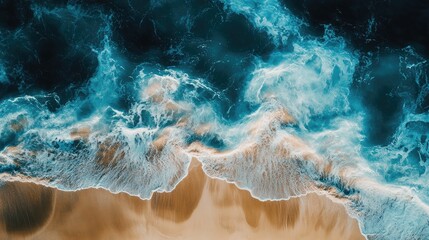 Poster - Ocean and Sand Abstract Time Lapse Background with Vibrant Blue Waves and Golden Shoreline in a Serene Coastal Environment