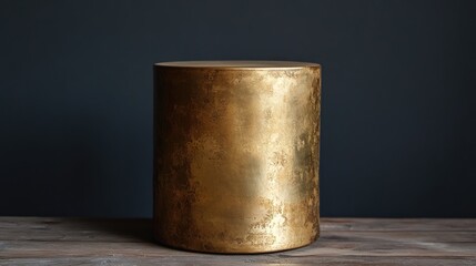 Poster - Vintage metallic gold drum on wooden table with dark background showcasing classical design and timeless appeal in home decor and music.