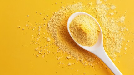 Aufkleber - Vibrant yellow background with white spoon holding fine yellow powder showcasing culinary ingredients or spices in bright color palette