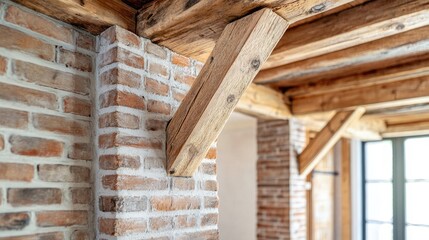 Aufkleber - Rustic interior showcasing textured brick wall and wooden ceiling beams in a vintage style setting