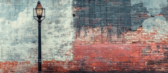Poster - Weathered brick wall with vintage lamppost ideal for urban photography showcasing historical charm and textured backgrounds