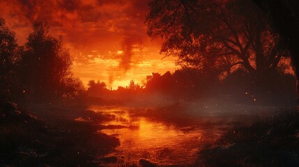 Poster - Majestic sunset over a tranquil river reflecting vibrant orange and red hues amidst silhouetted trees and a mystical atmosphere