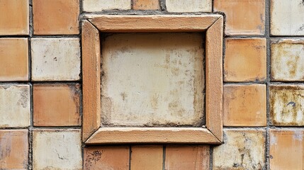 Poster - Empty square frame on rustic brick wall tiles with worn textures and earthy tones showcasing a unique architectural detail
