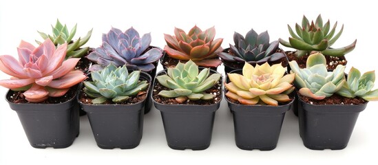 Poster - Colorful potted succulent plants in black containers on a white background perfect for enhancing home decor and indoor garden aesthetics