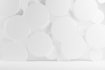 Poster - white abstract stage mockup - flying plastic circles as decor. template 3d illustration futuristic, 